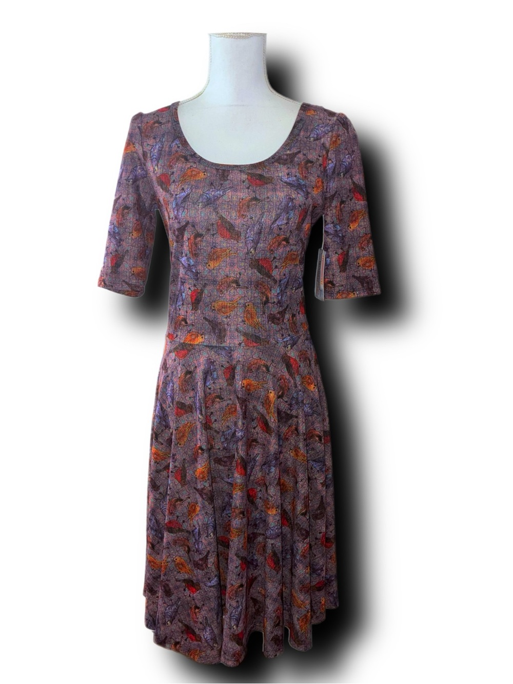NWT LuLaRoe Nicole Scoop Neck Midi Dress w Kitschy Vintage-Inspired Bird Print